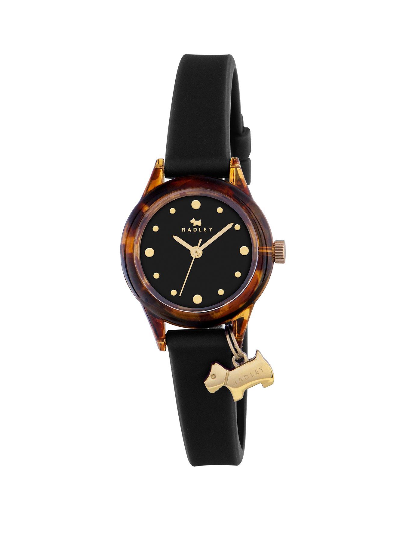 Image 1 of 2 of Radley Watch It! Tortoise Dial With Dog Charm Black Silicone Strap Ladies Watch
