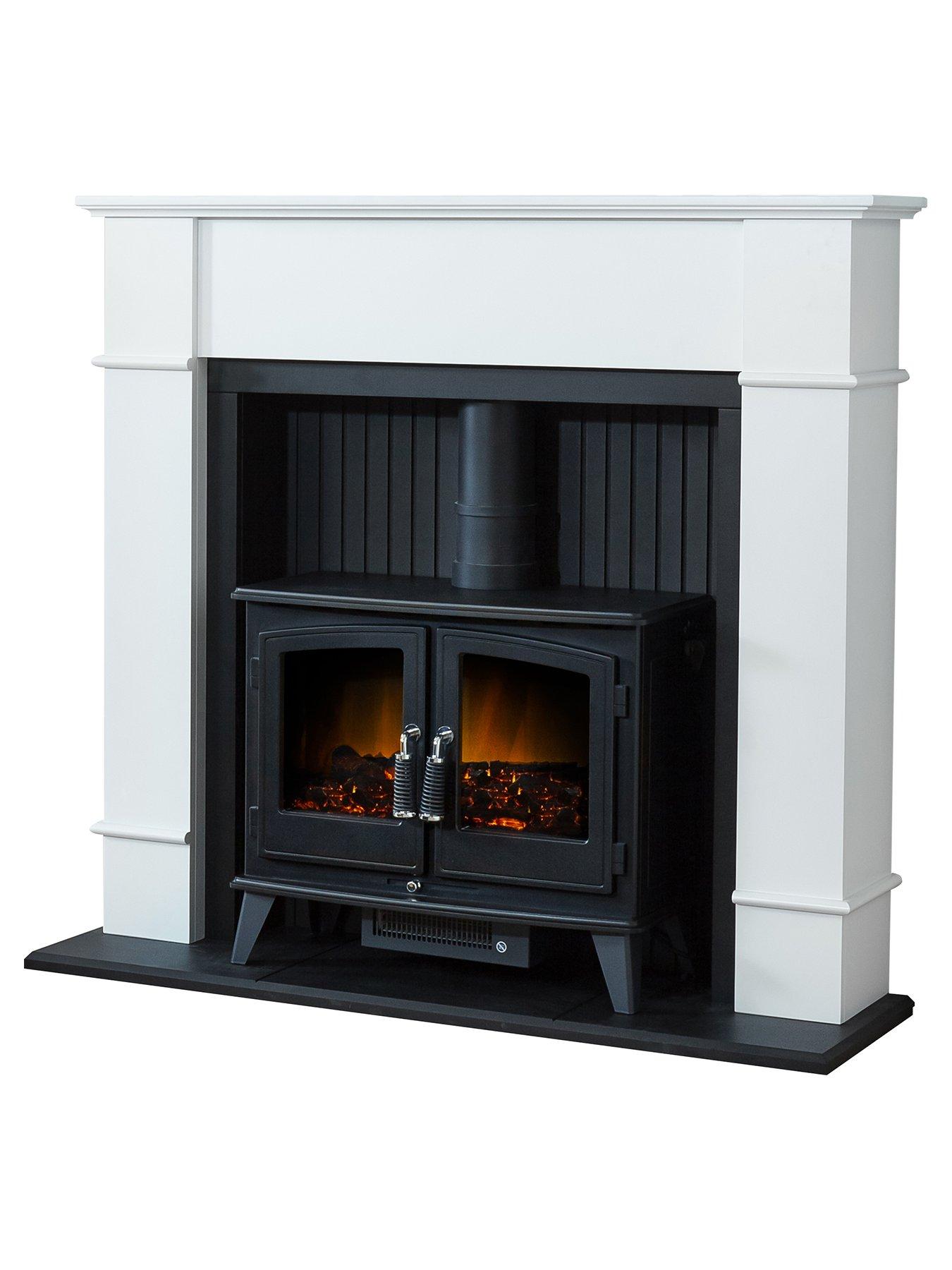 Image 2 of 3 of Adam Fires & Fireplaces Oxford Stove Suite in Pure White with Woodhouse&nbsp;Electric&nbsp;Stove