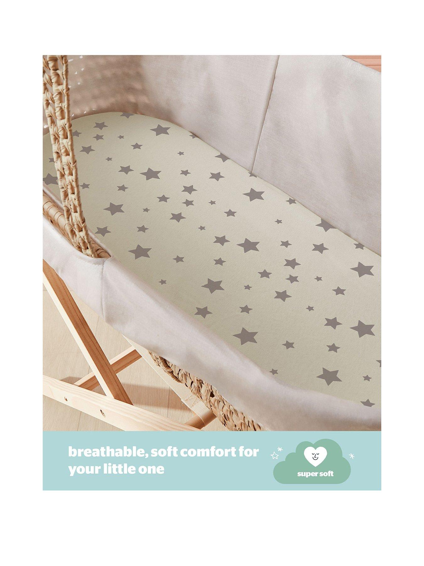 Image 2 of 7 of Silentnight Safe Nights 2 x Pack 100% Cotton Moses Basket Fitted Sheets - 74cm x 28cm - Grey Stars