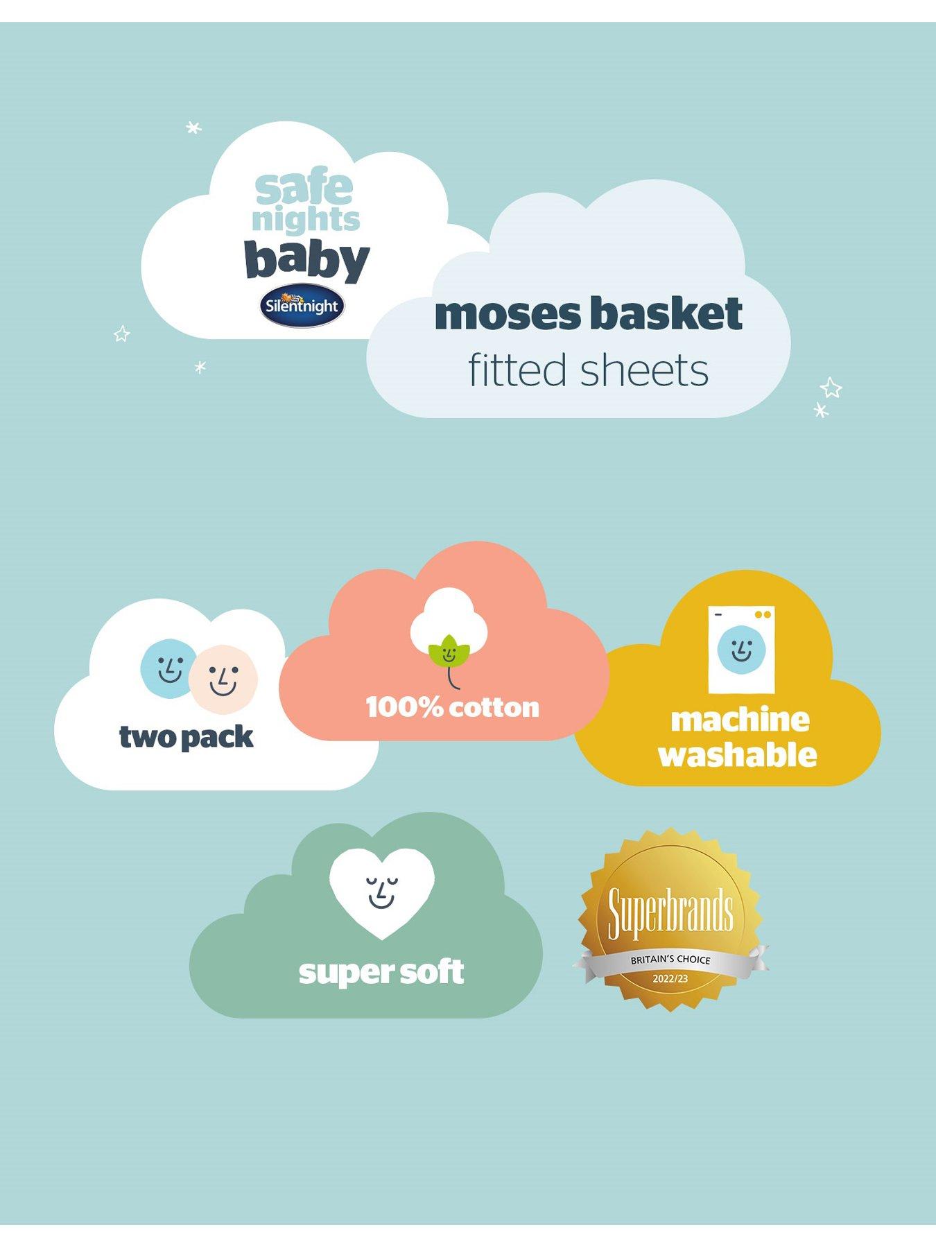 Image 7 of 7 of Silentnight Safe Nights 2 x Pack 100% Cotton Moses Basket Fitted Sheets - 74cm x 28cm - Grey Stars