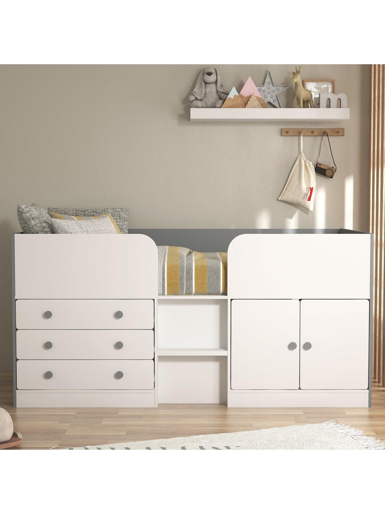 The Very Collection Peyton Kids Mid Sleeper Bed with Drawers, Cupboard and Mattress Options (Buy and SAVE!) - White/Grey