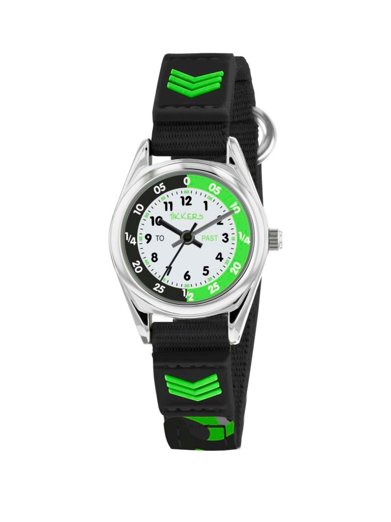Tikkers White, Black and Green Time Teller Dial Black Fabric Velco Strap Kids Watch
