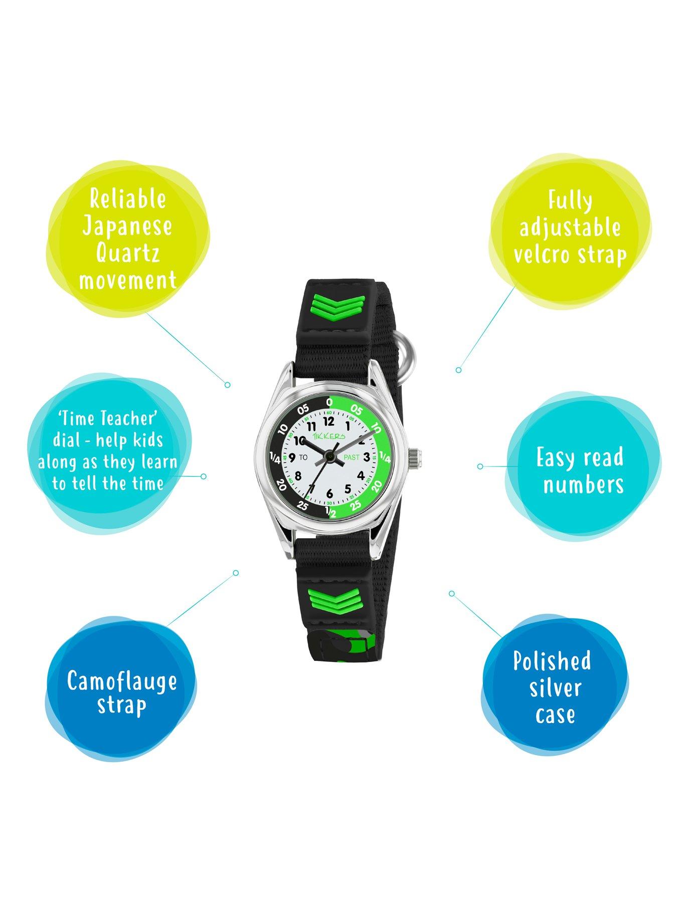 Image 3 of 8 of Tikkers White, Black and Green Time Teller Dial Black Fabric&nbsp;Velco Strap Kids Watch
