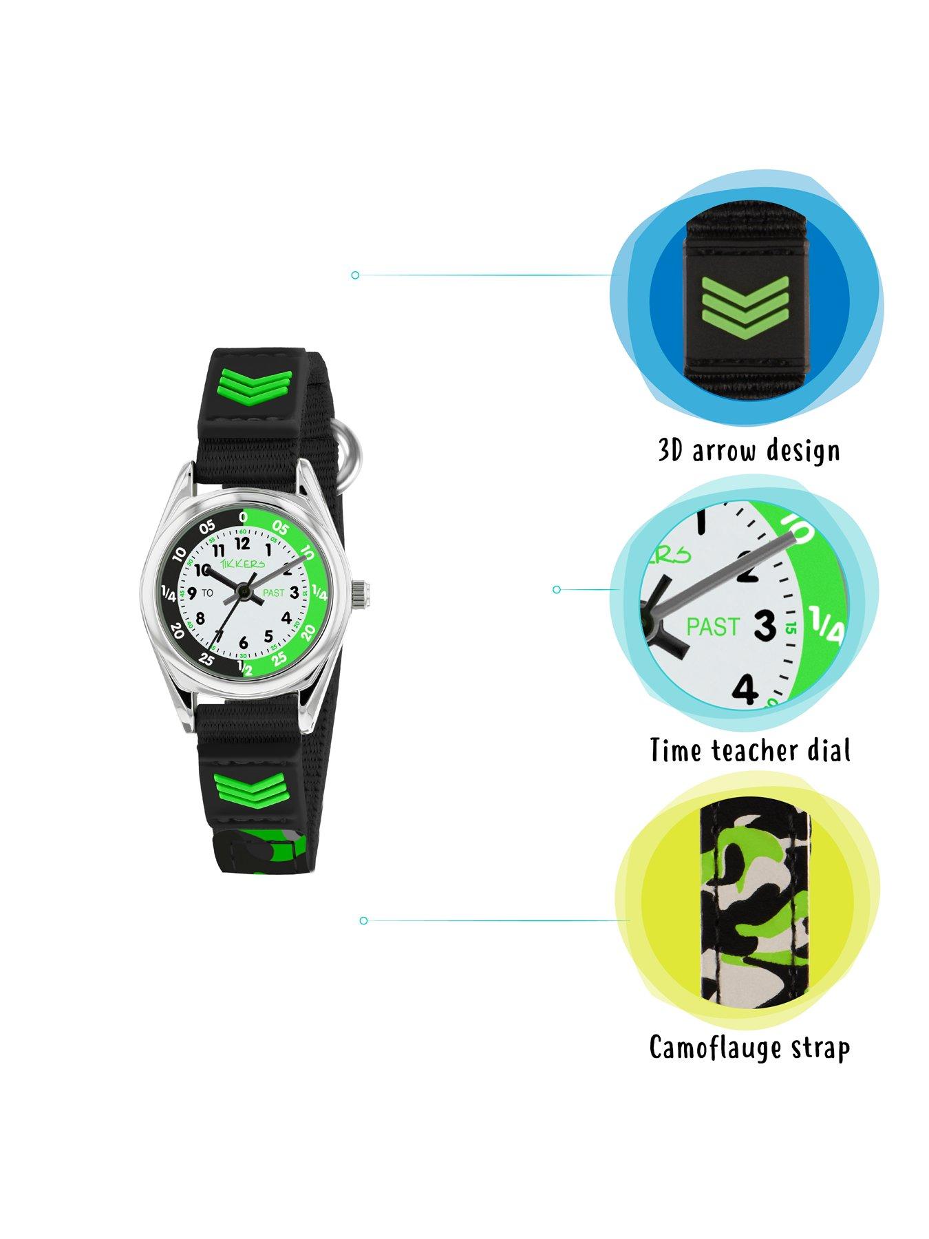 Image 4 of 8 of Tikkers White, Black and Green Time Teller Dial Black Fabric&nbsp;Velco Strap Kids Watch