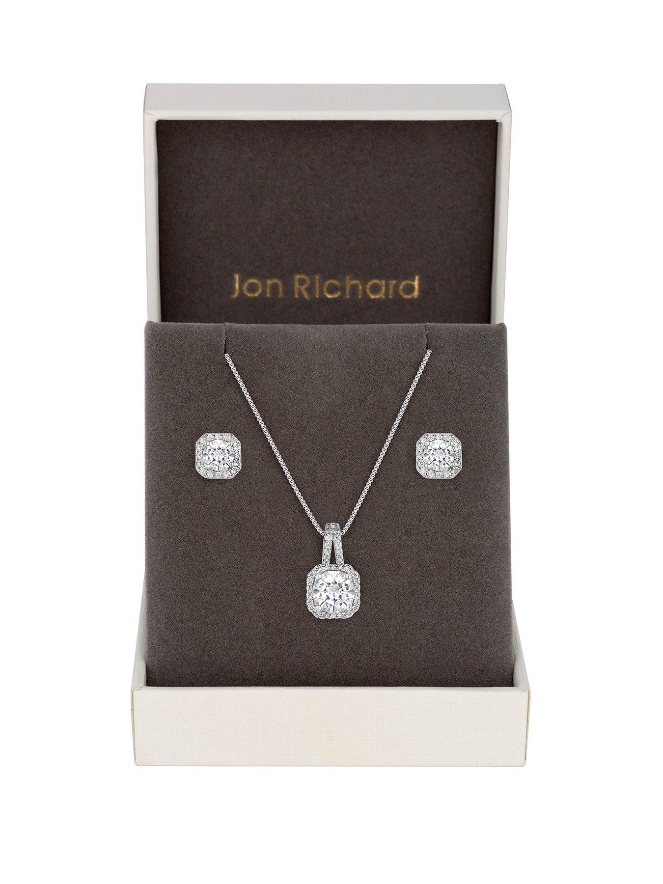 Jon Richard Silver Plated Crystal Square Halo Pendant and Earrings Set