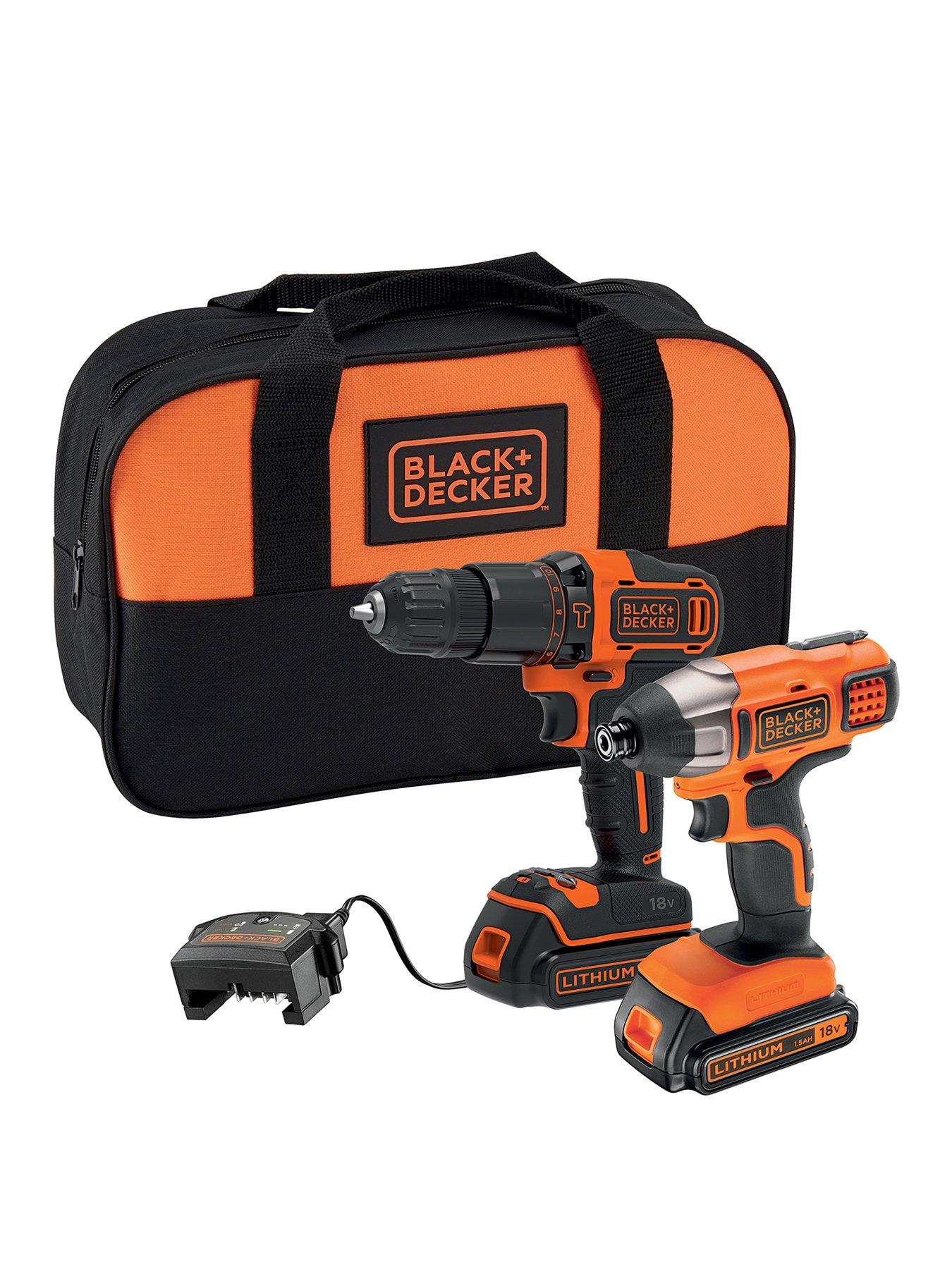 Black & Decker 18V Lithium Ion Twin Pack Kit - 18V Hammer Drill, 18V Impact Driver, 2x 1.5aH batteries, Charger and Soft Bag