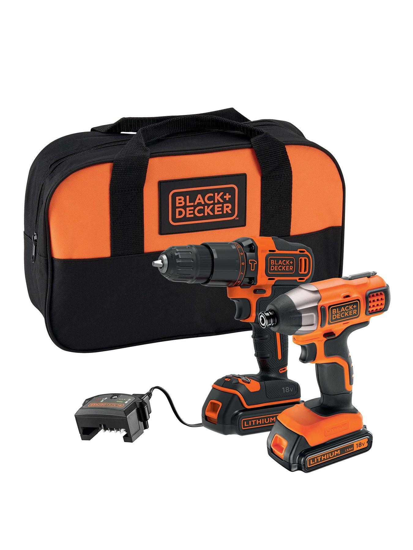 Black & Decker 18V Lithium Ion Twin Pack Kit - 18V Hammer Drill, 18V Impact Driver, 2x 1.5aH batteries, Charger and Soft Bag