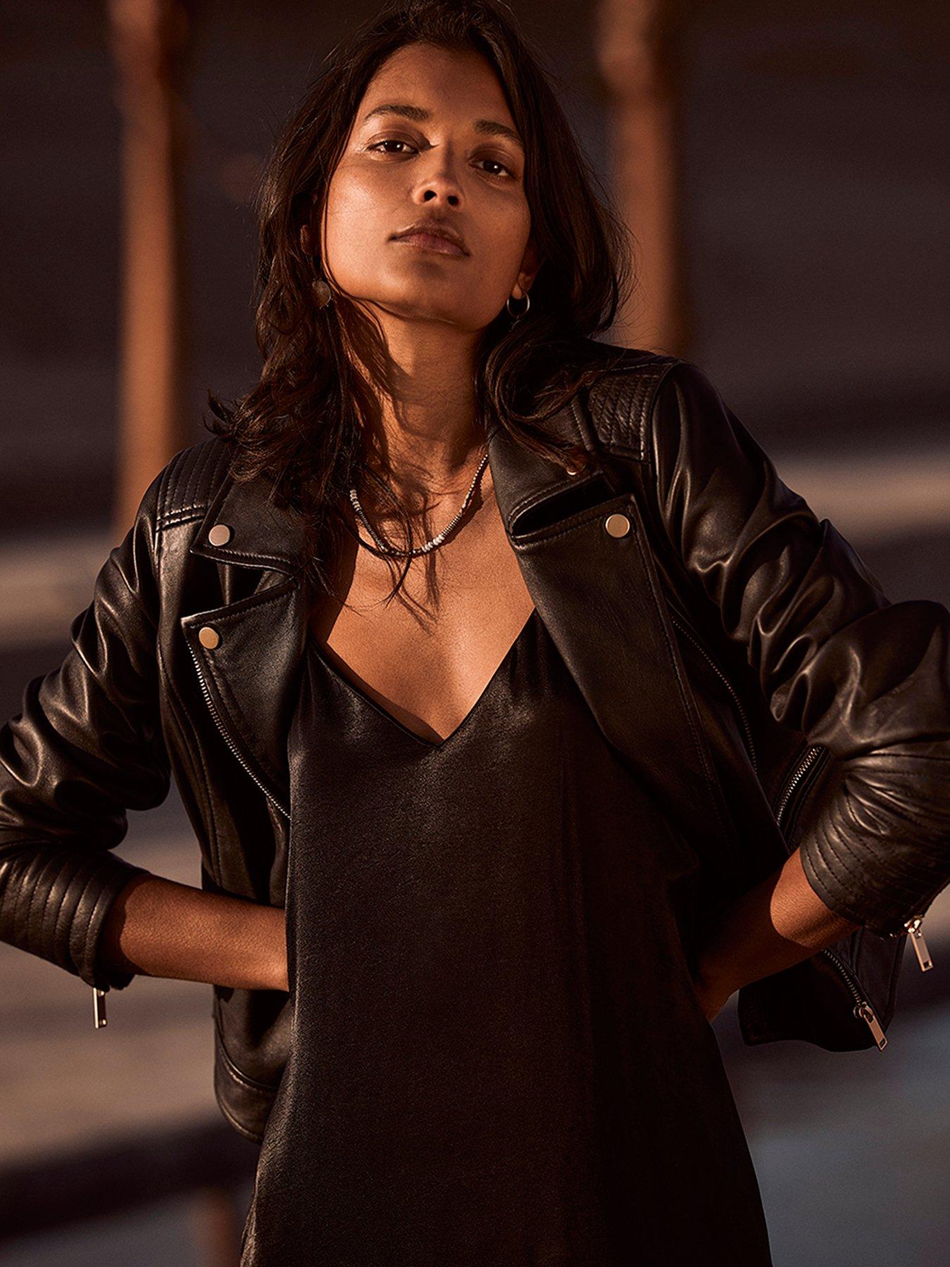 Mint Velvet Stitch Sleeve Detail Leather Biker Jacket - Black