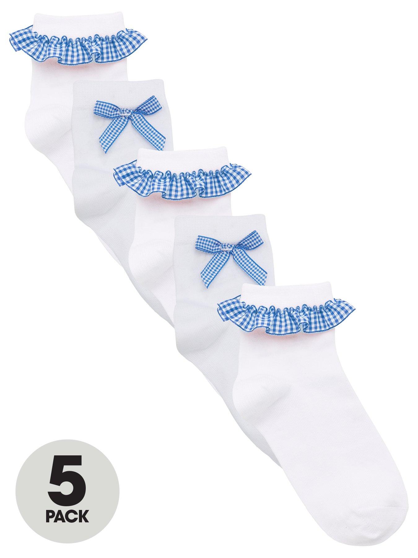 Image of V by Very Girls 5 Pack Gingham Frill School Socks - White