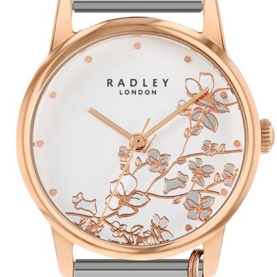 Radley RY4347 Silver Floral and Rose Gold Detail Dog Charm Dial Stainless Steel Mesh Strap Ladies Watch