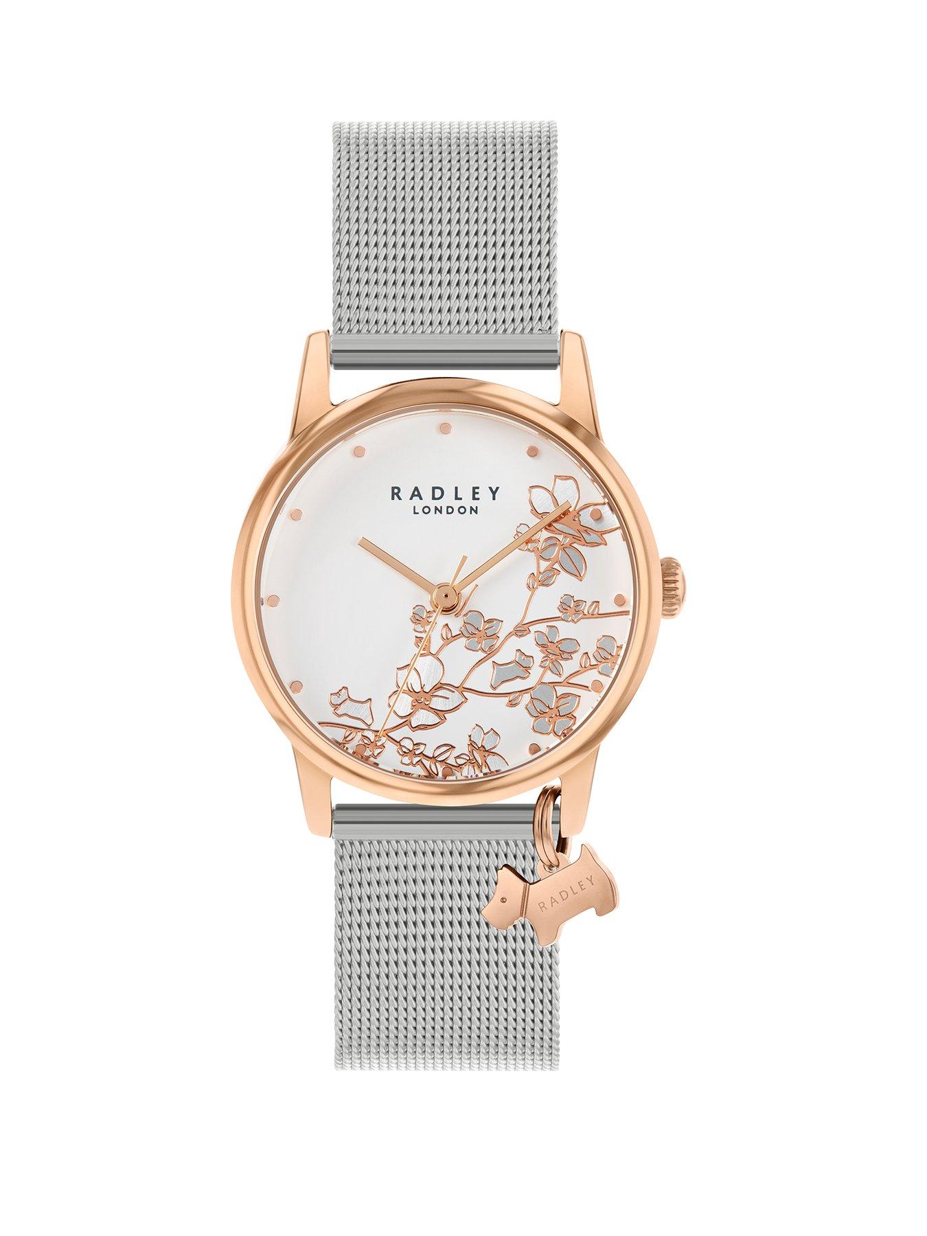 Image 1 of 2 of Radley RY4347 Silver Floral and Rose Gold Detail Dog Charm Dial Stainless Steel Mesh Strap Ladies Watch