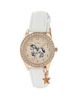 tikkers-gold-unicorn-sunray-crystal-set-dial-with-star-charm-and-white-leather-strap-kids-watch