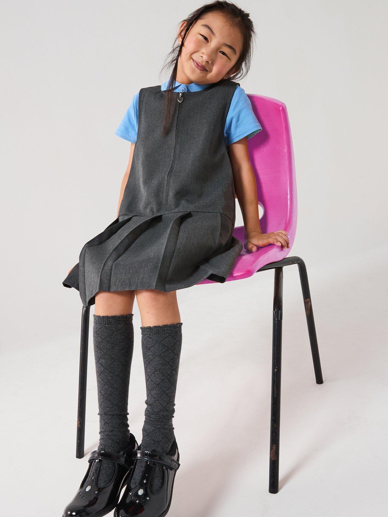 undefined Girls 2 Pack Pleat Pinafore School Dresses - Grey