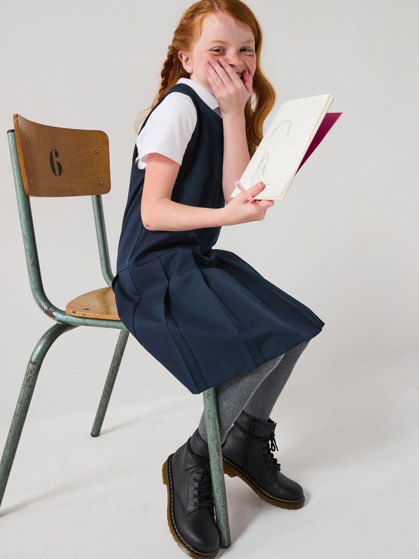 Image 1 of 6 of The Very Collection Girls 2 Pack Pleat Pinafore Water-Repellent School&nbsp;Dresses&nbsp;- Navy