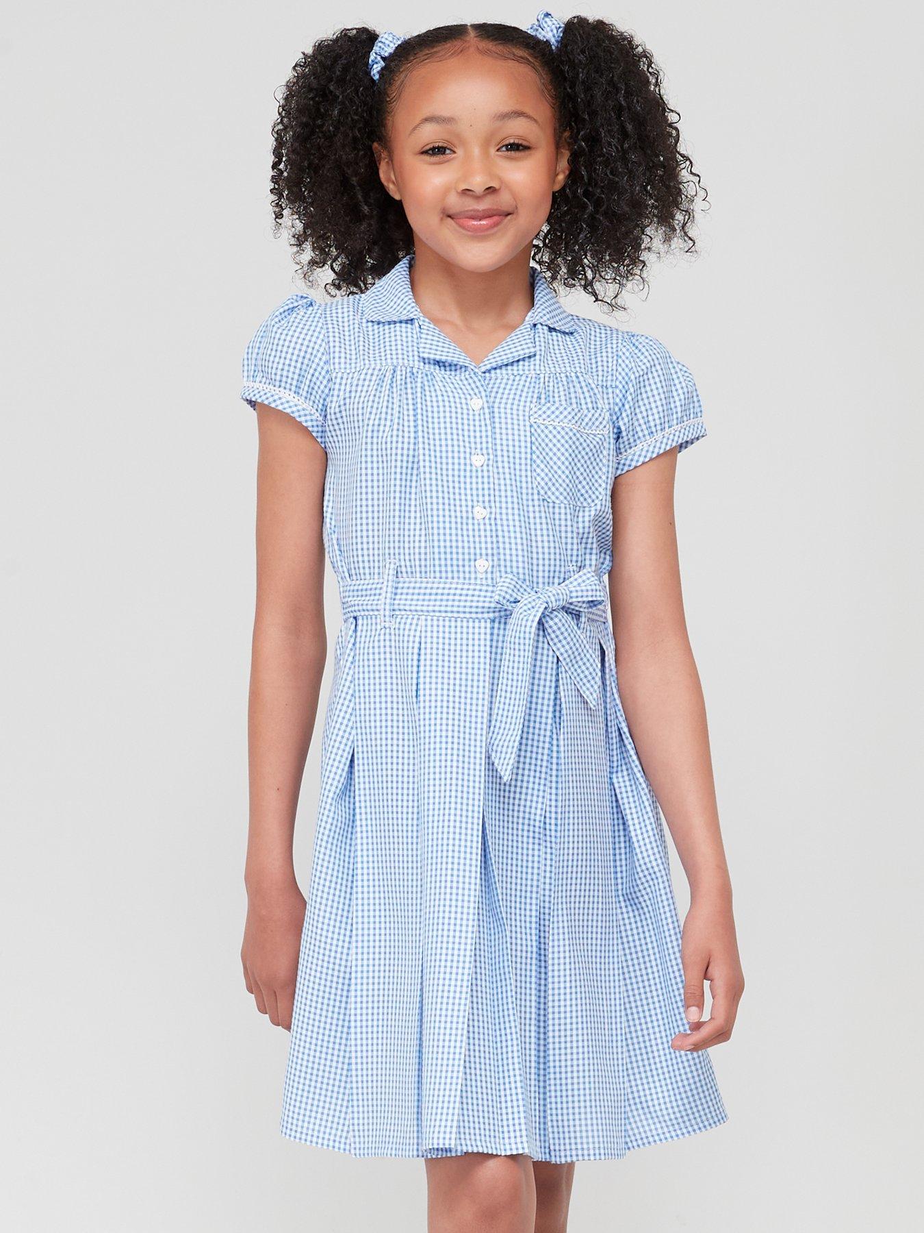 Girls 2 Pack Traditional Gingham School Summer Dress Blue