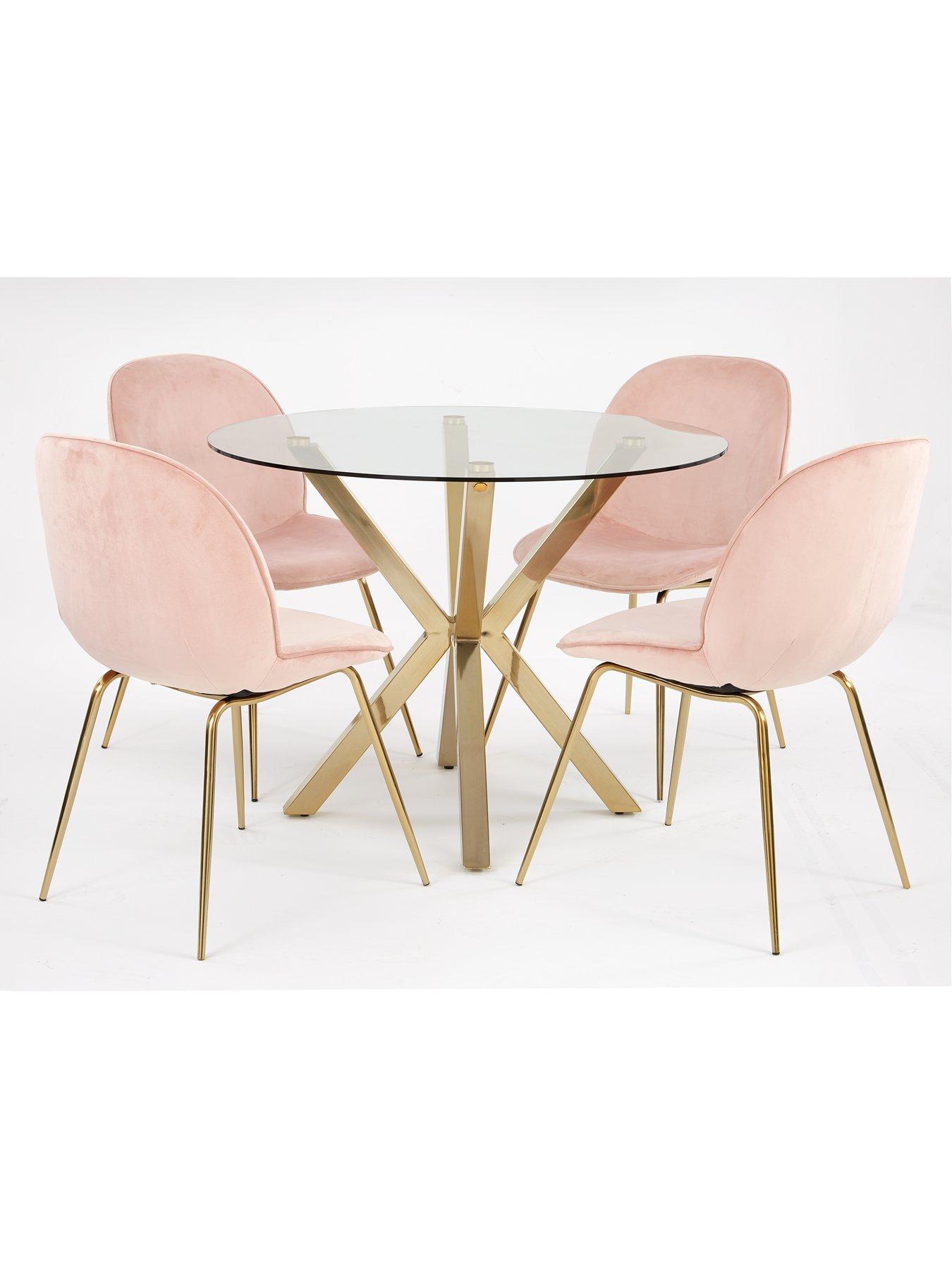 very-home-chopstick-100cm-round-brass-dining-table-4-penny-velvet-chairs-brasspinkstillFront