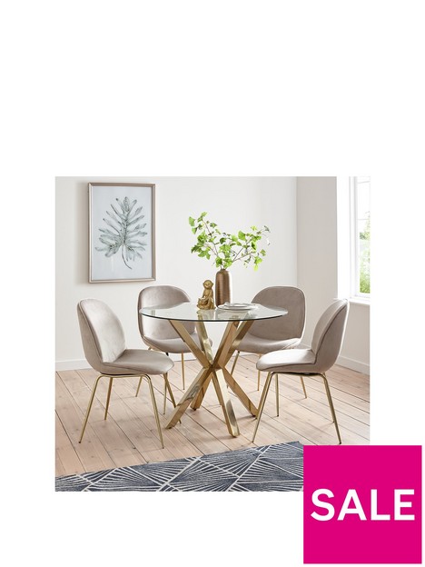michelle-keegan-home-chopstick-100-cm-round-brass-dining-table-4-penny-velvet-chairs-brasstaupe