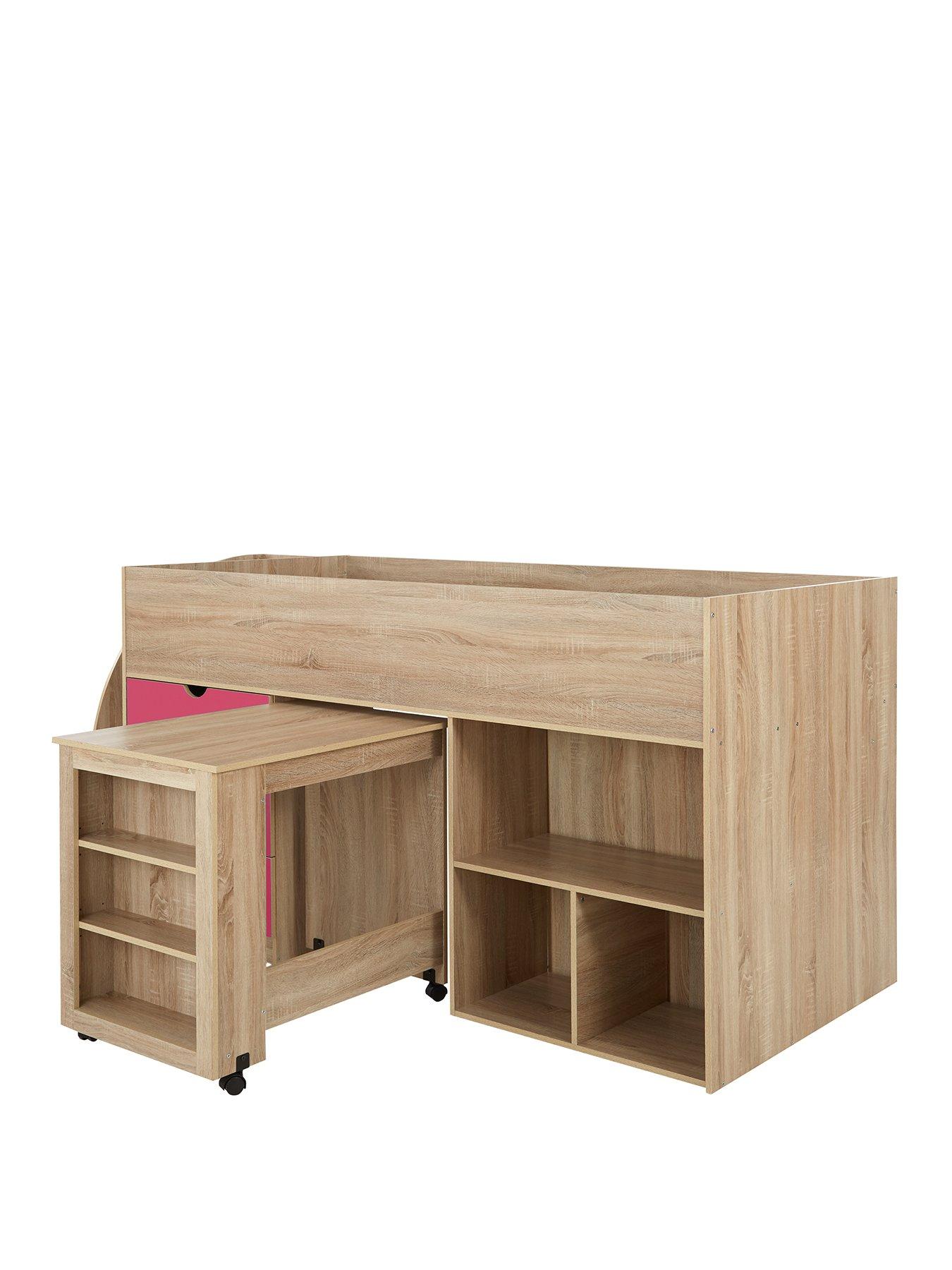 very-home-mico-mid-sleeper-bed-with-pull-out-desk-andnbspstorage-with-mattress-options-buy-amp-savenbsp-nbsppinkoak-effectback