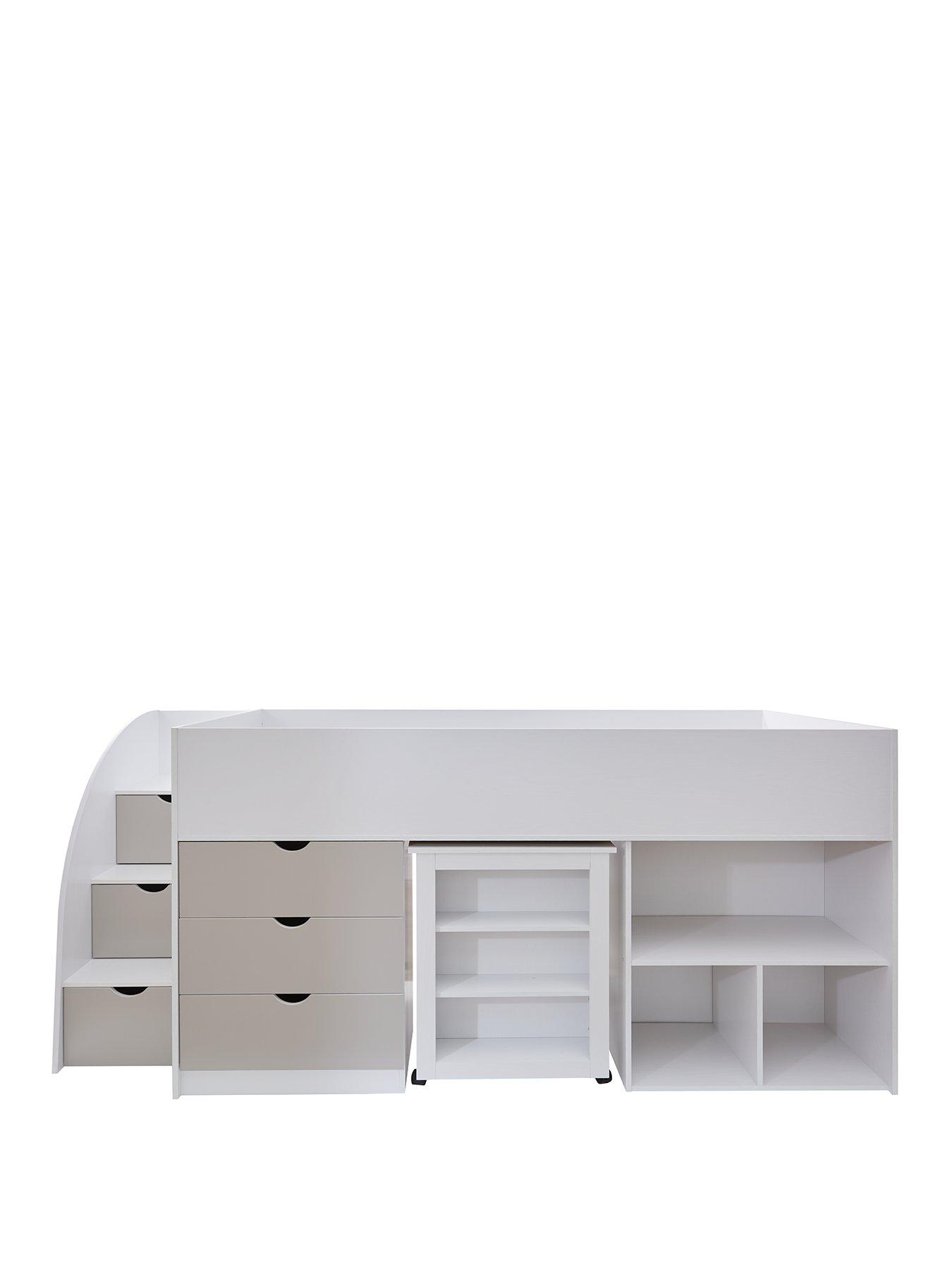 very-home-mico-mid-sleeper-bed-with-pull-out-desk-and-storage-with-mattress-options-buy-amp-save-whitegreynbspstillFront