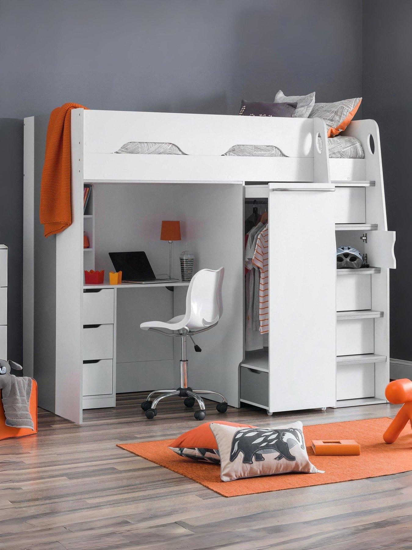 Image 1 of 6 of Julian Bowen Max High Sleeper Bed with Desk, Drawers, Pull Out Wardrobe and Hidden Cupboards - White