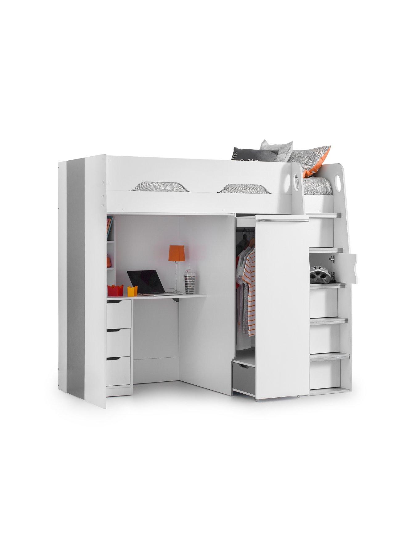 Image 3 of 6 of Julian Bowen Max High Sleeper Bed with Desk, Drawers, Pull Out Wardrobe and Hidden Cupboards - White