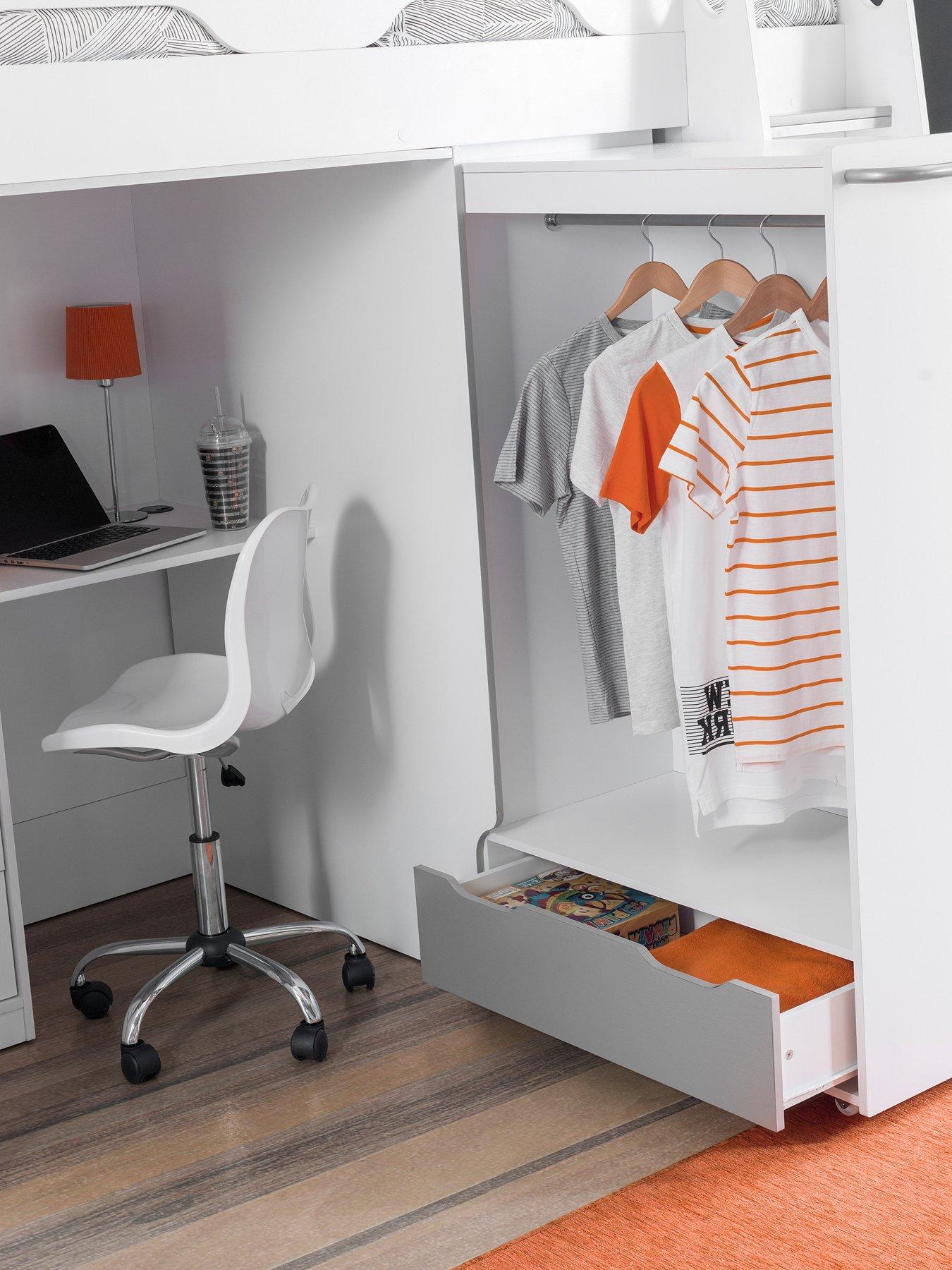 Image 4 of 6 of Julian Bowen Max High Sleeper Bed with Desk, Drawers, Pull Out Wardrobe and Hidden Cupboards - White