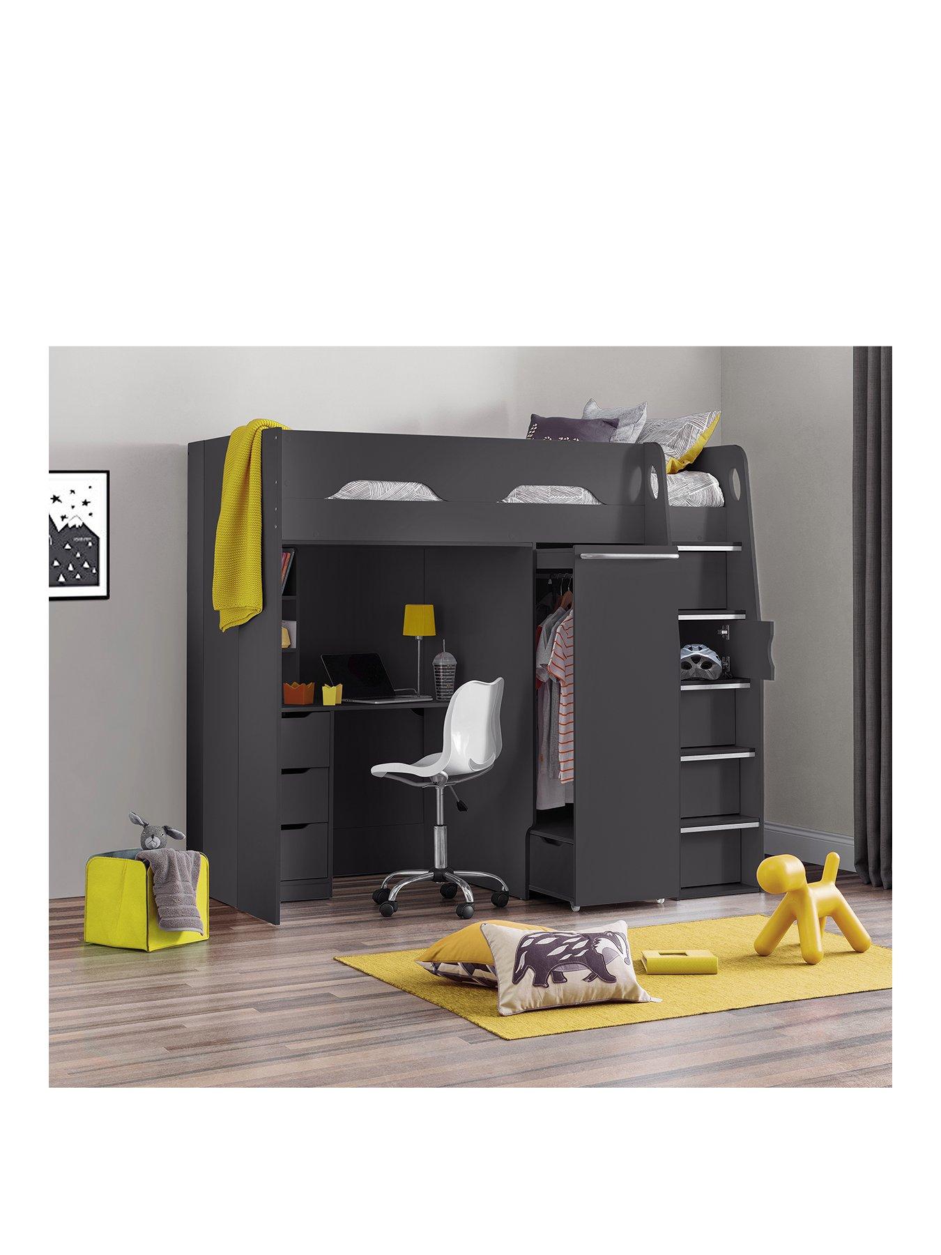 Image of Julian Bowen Max High Sleeper Bed with Desk, Drawers, Pull Out Wardrobe and Hidden Cupboards - Grey