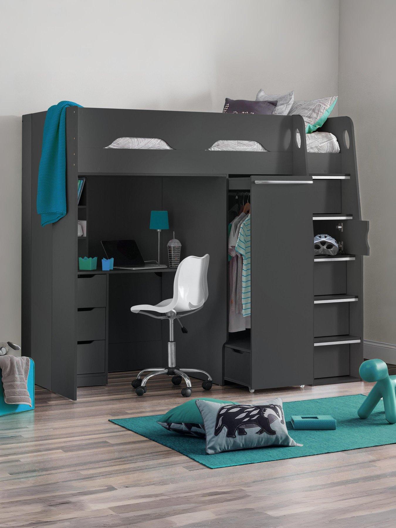 Julian Bowen Max High Sleeper Bed with Desk, Drawers, Pull Out Wardrobe and Hidden Cupboards - Grey