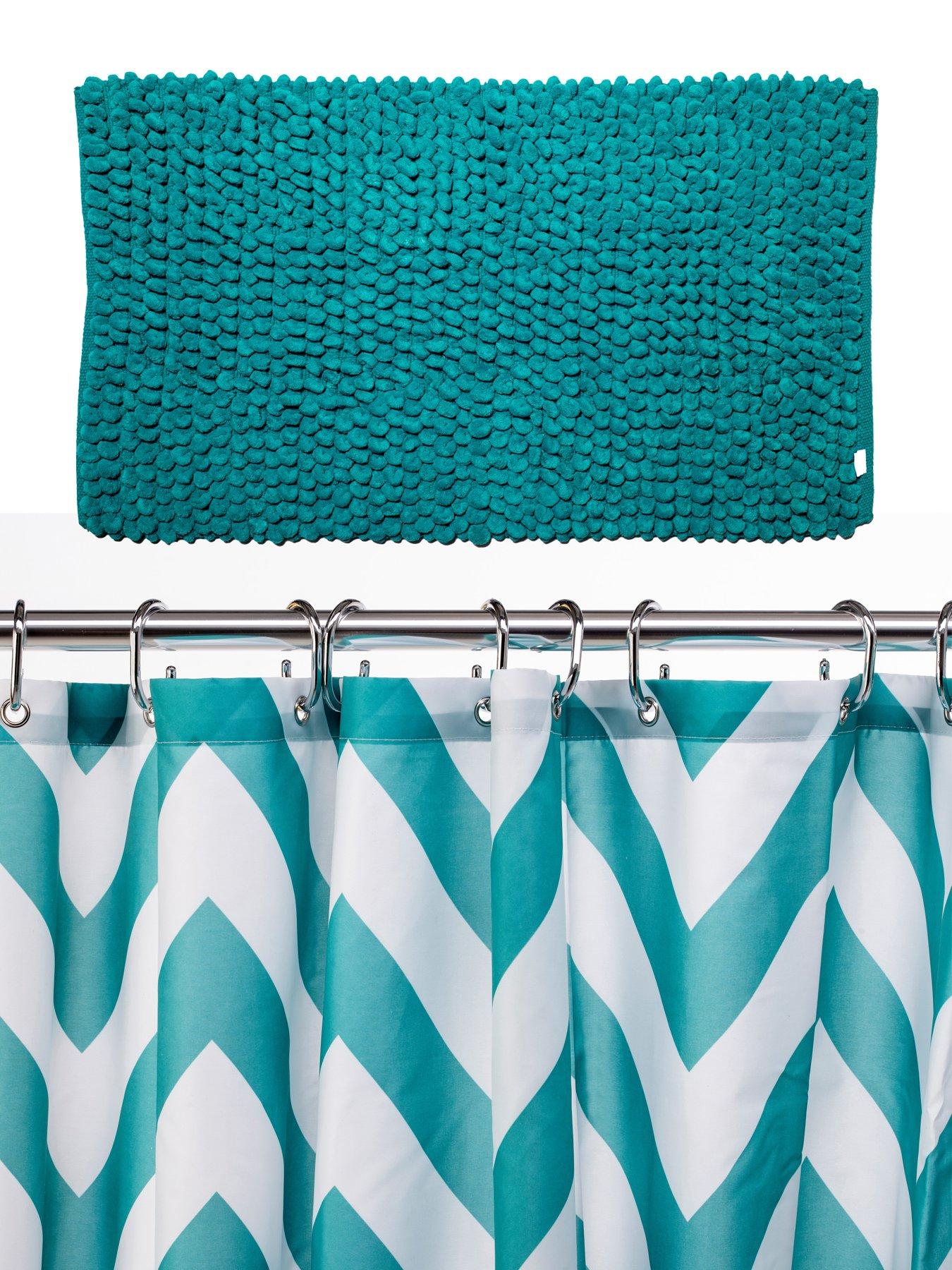 Image 1 of 6 of Croydex Chevron Shower Curtain and Bathmat Set &ndash; Aqua