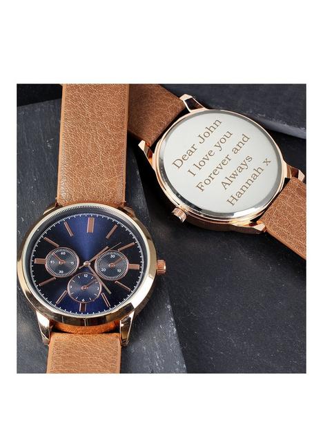 personalised-mens-rose-gold-watch-with-tan-strap