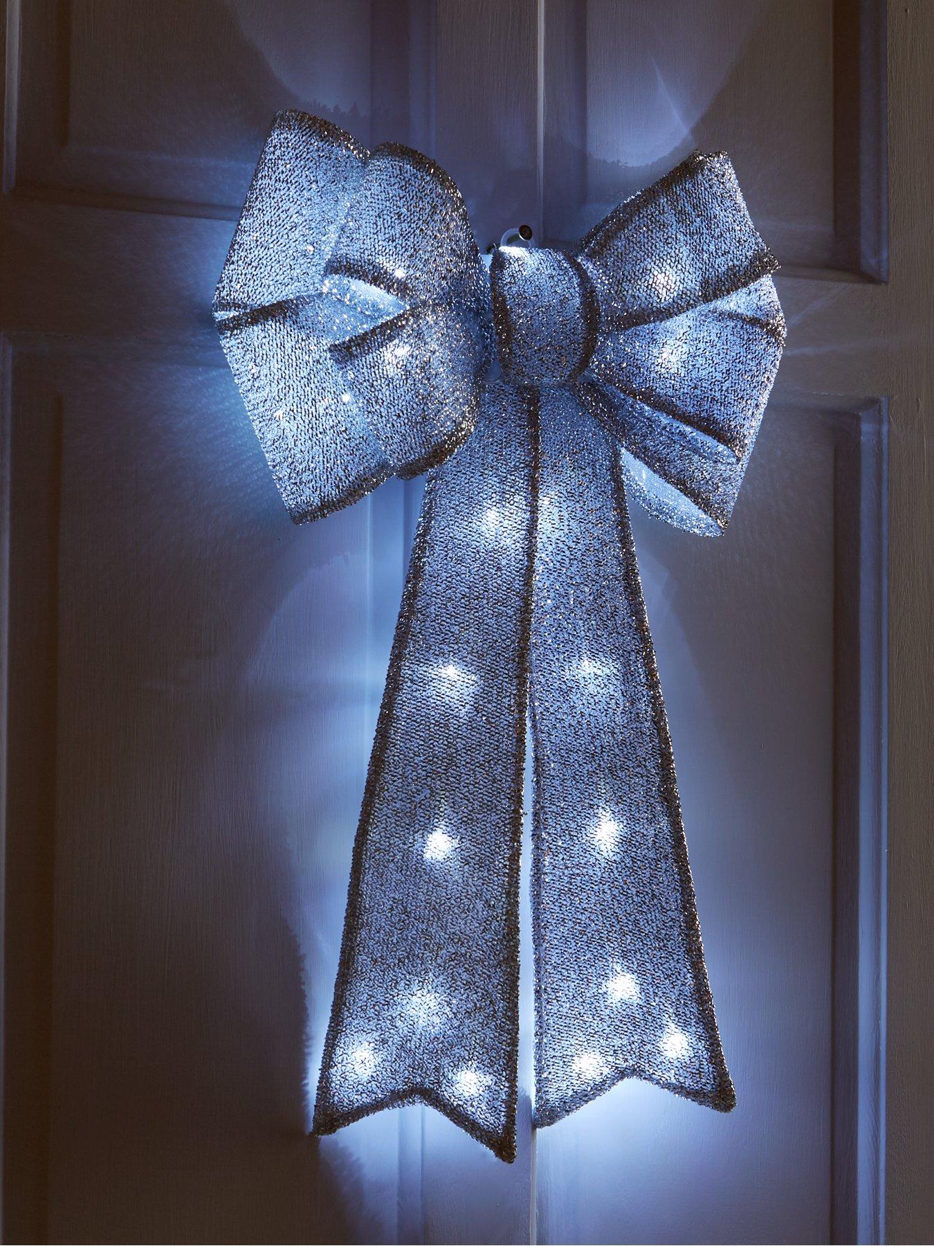Battery Operated Door Bow Christmas Decoration - Silver