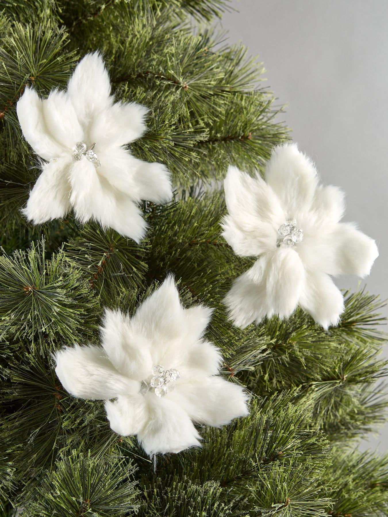 Very Home Set of 3 Faux Fur Poinsettia Christmas Tree Clips - White