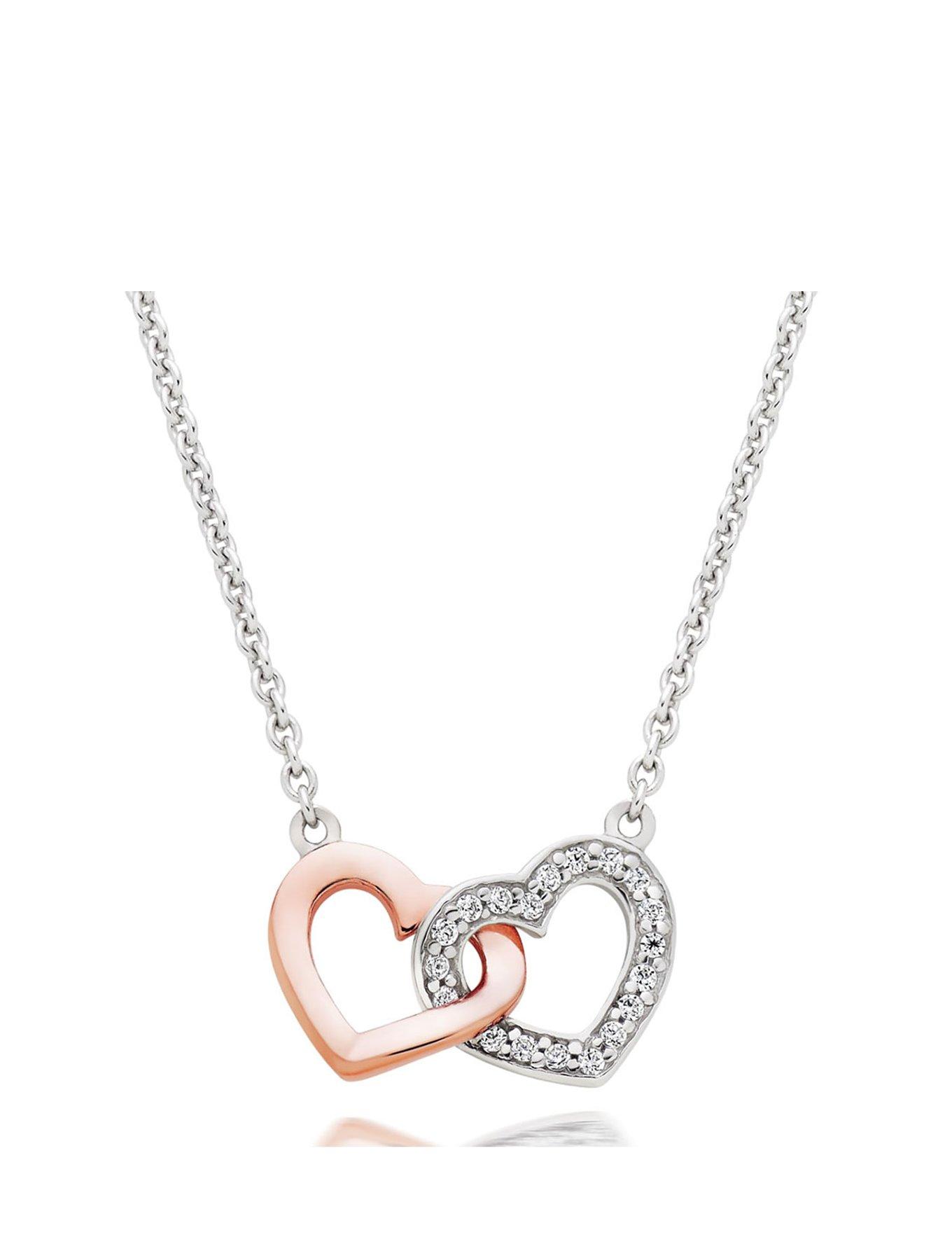 Beaverbrooks Silver and Rose Gold Plated Cubic Zirconia Double Heart Necklace