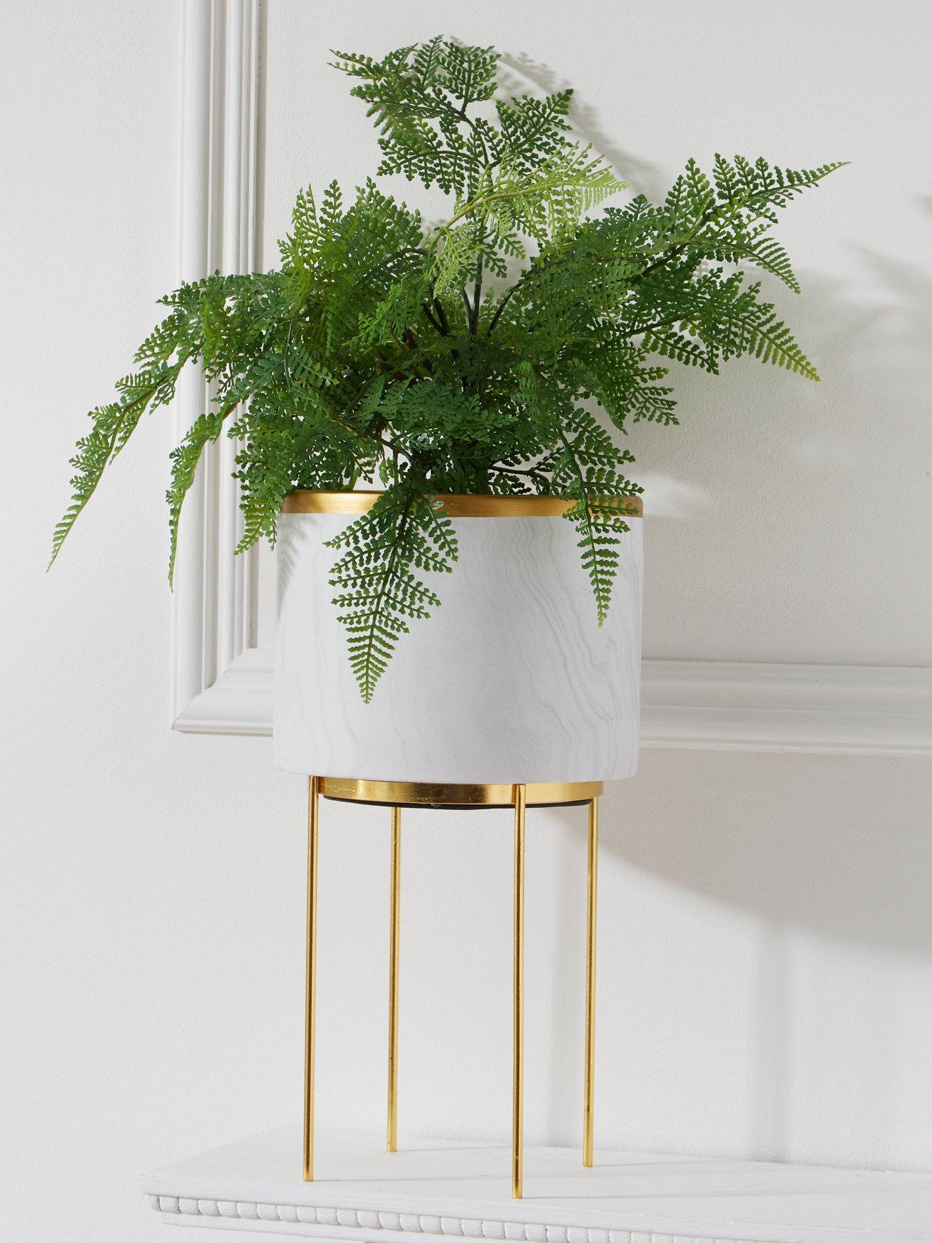 Marble-Effect Standing Planter with Metallic Rim
