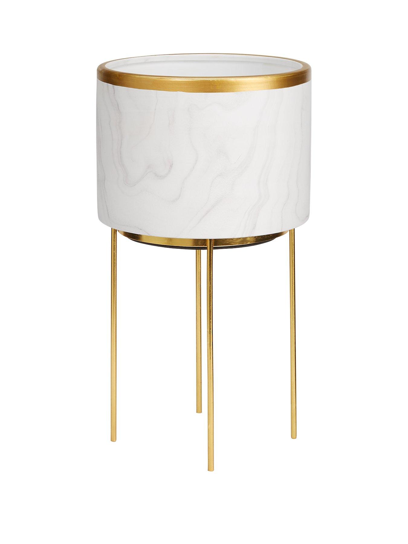 Image of  Marble-Effect Standing Planter with Metallic Rim