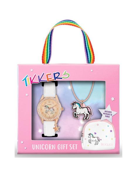 tikkers-gold-unicorn-dial-white-leather-strap-watch-with-purse-and-necklace-kids-gift-set