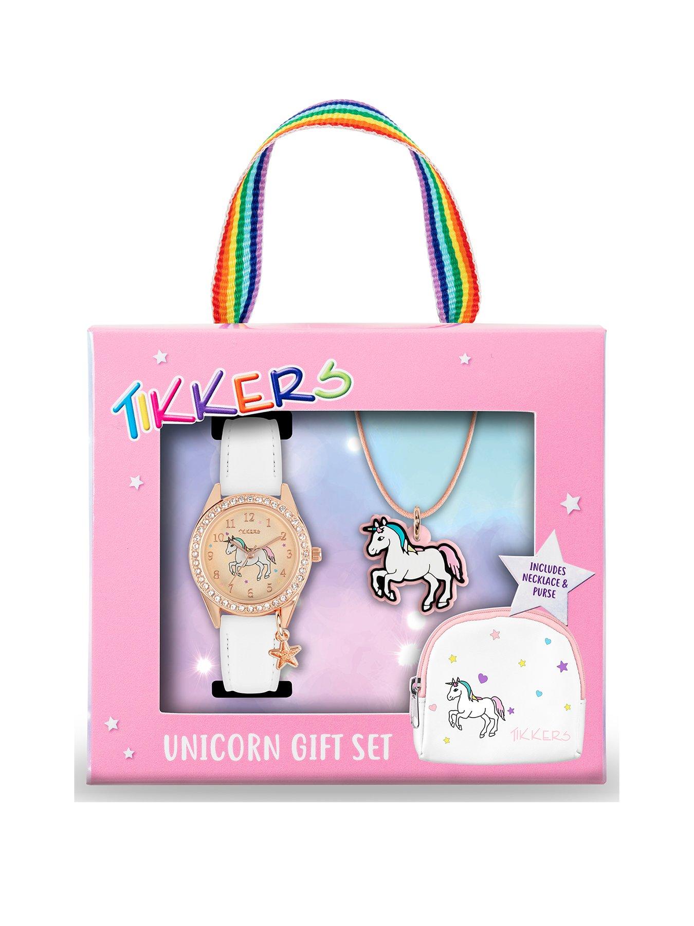 Image of Tikkers Gold Unicorn Dial White Leather Strap Watch with Purse and Necklace Kids Gift Set