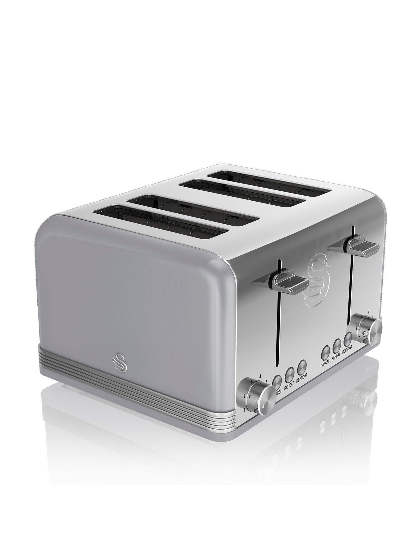 Image of Swan ST19020GRN Retro 4-Slice Toaster with Defrost/Reheat/Cancel Functions, Cord Storage, 1600W, Grey