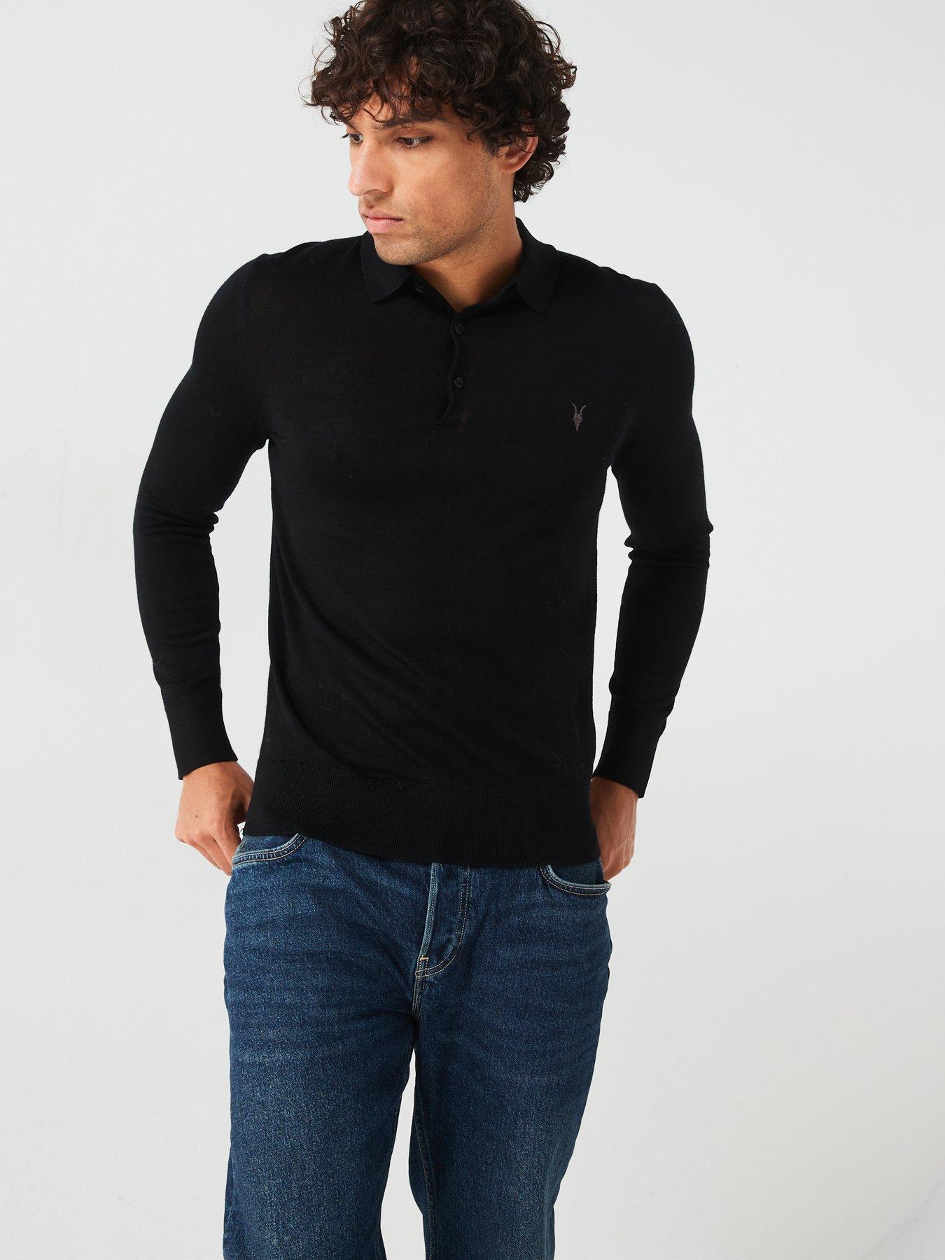 Image 1 of 6 of AllSaints Mode Merino Long Sleeve Knitted Polo Shirt - Black