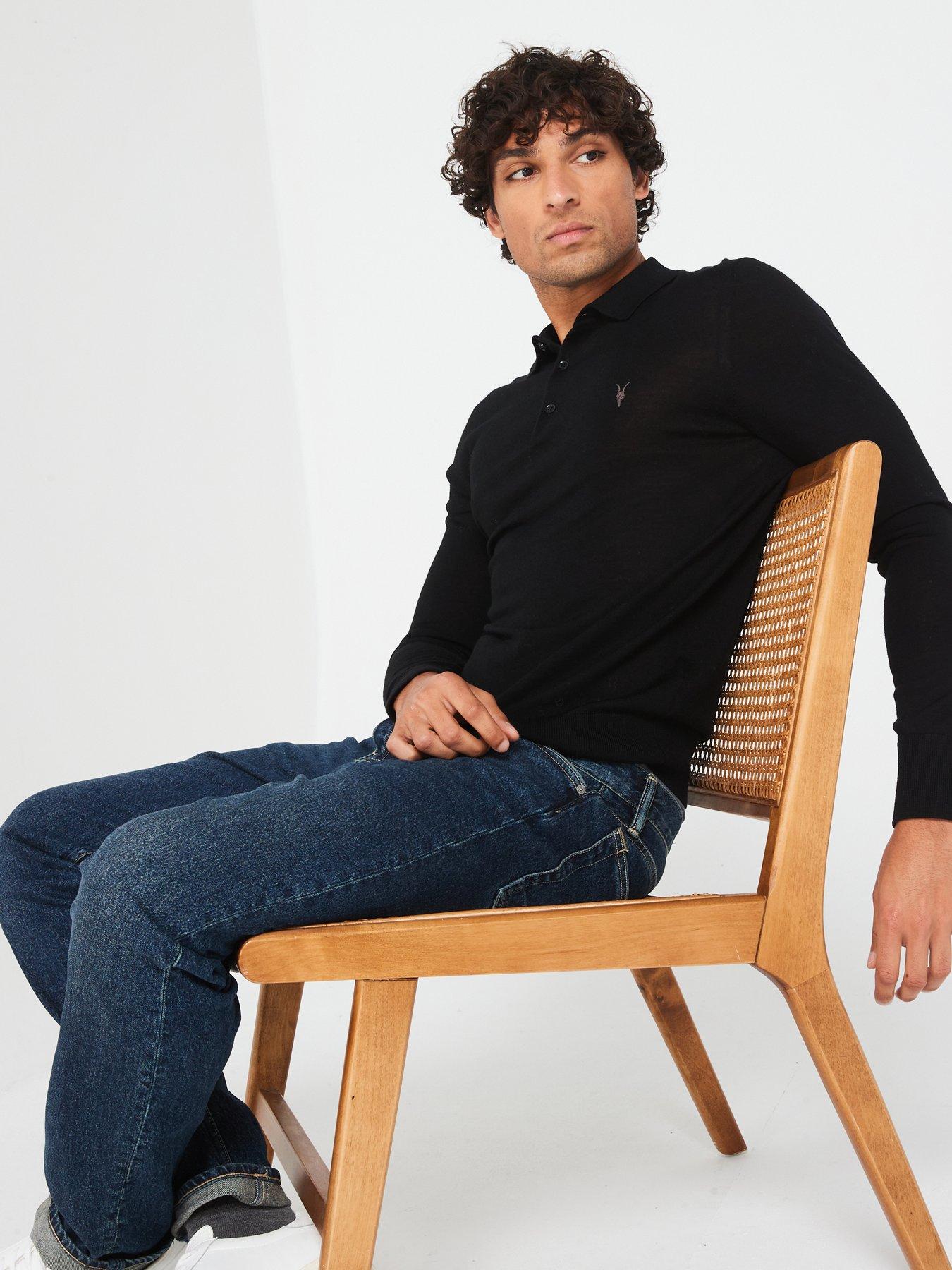 Image 5 of 6 of AllSaints Mode Merino Long Sleeve Knitted Polo Shirt - Black