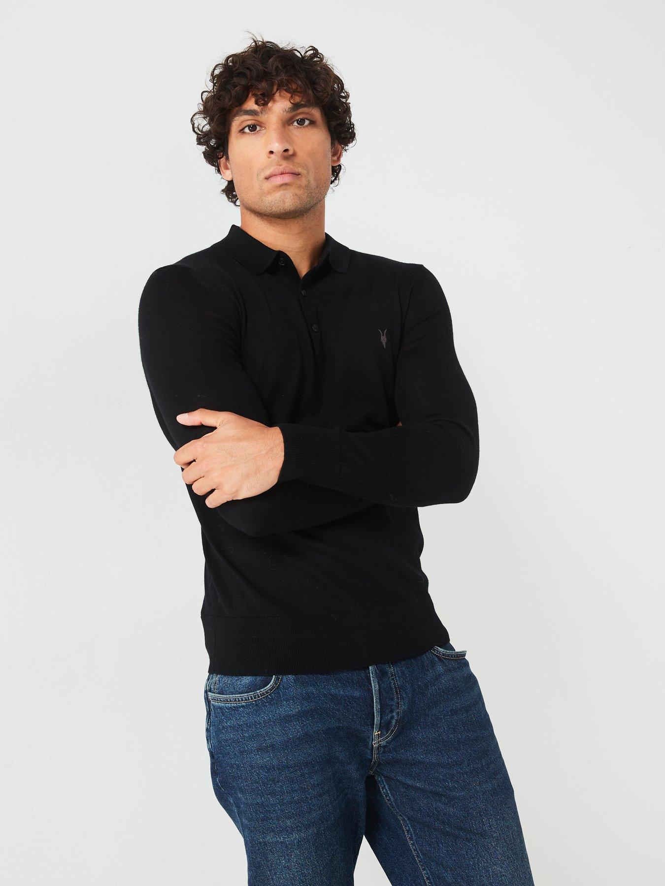 Image 6 of 6 of AllSaints Mode Merino Long Sleeve Knitted Polo Shirt - Black