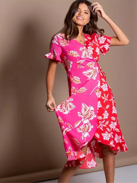 prod1089564479: Frill Detail Woven Midi Wrap Dress - Pink Floral