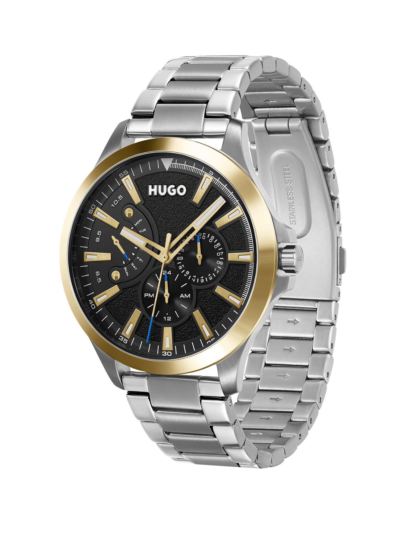 hugo-leap-black-multi-dial-gold-tone-bezel-stainless-steel-bracelet-watchstillFront