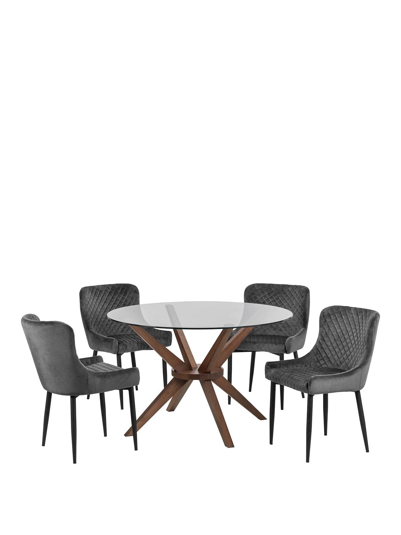 julian-bowen-set-of-chelsea-120nbspcm-round-glass-top-diningnbsptable-4-luxe-grey-chairsstillFront