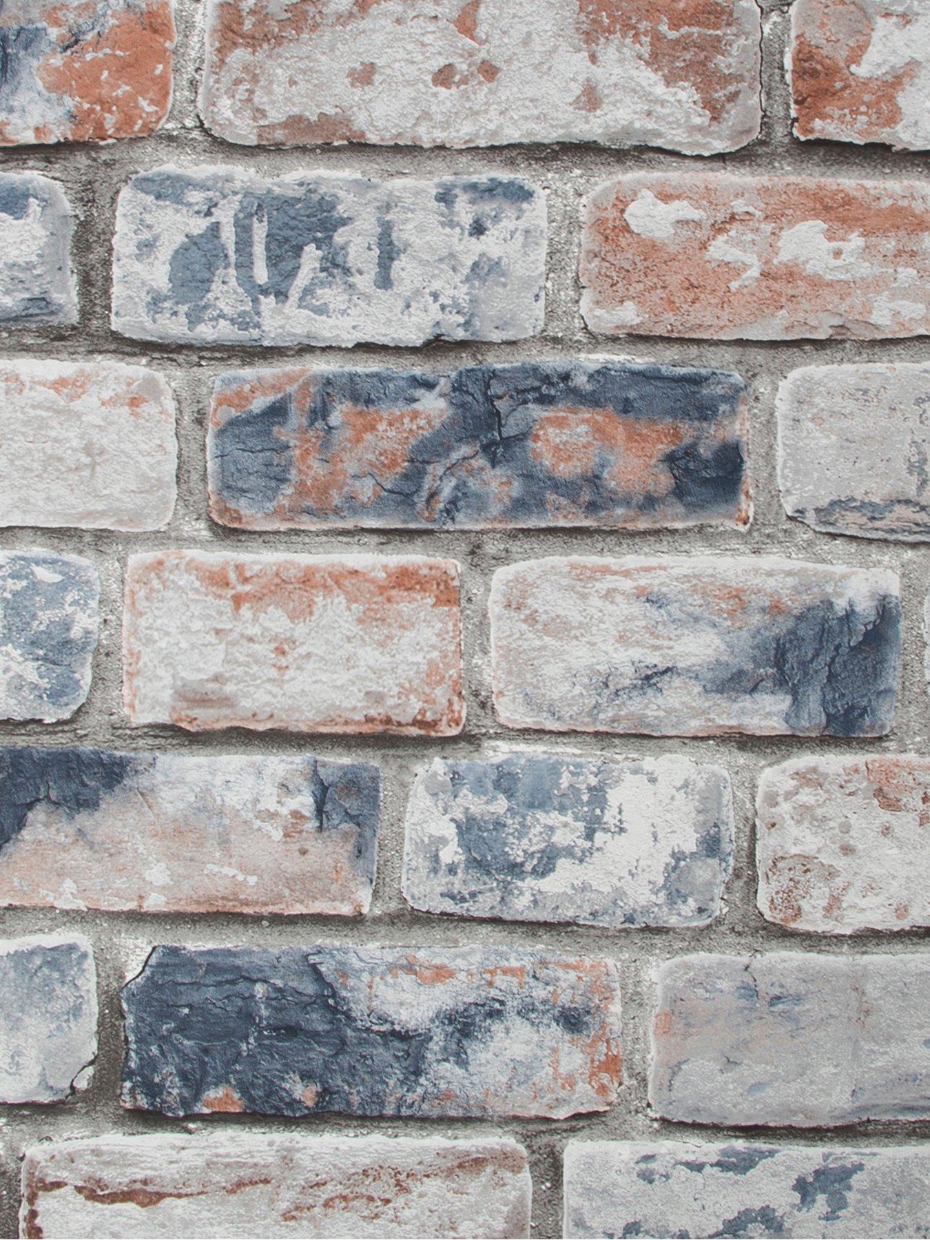 Image 2 of 4 of Fresco Distressed Brick Navy and Red Wallpaper