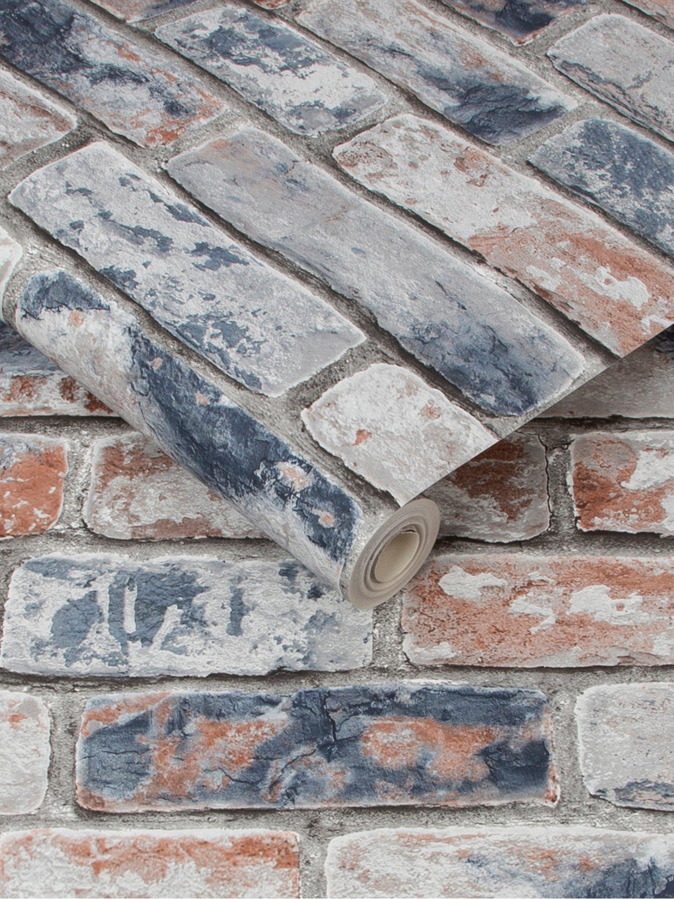 Image 3 of 4 of Fresco Distressed Brick Navy and Red Wallpaper