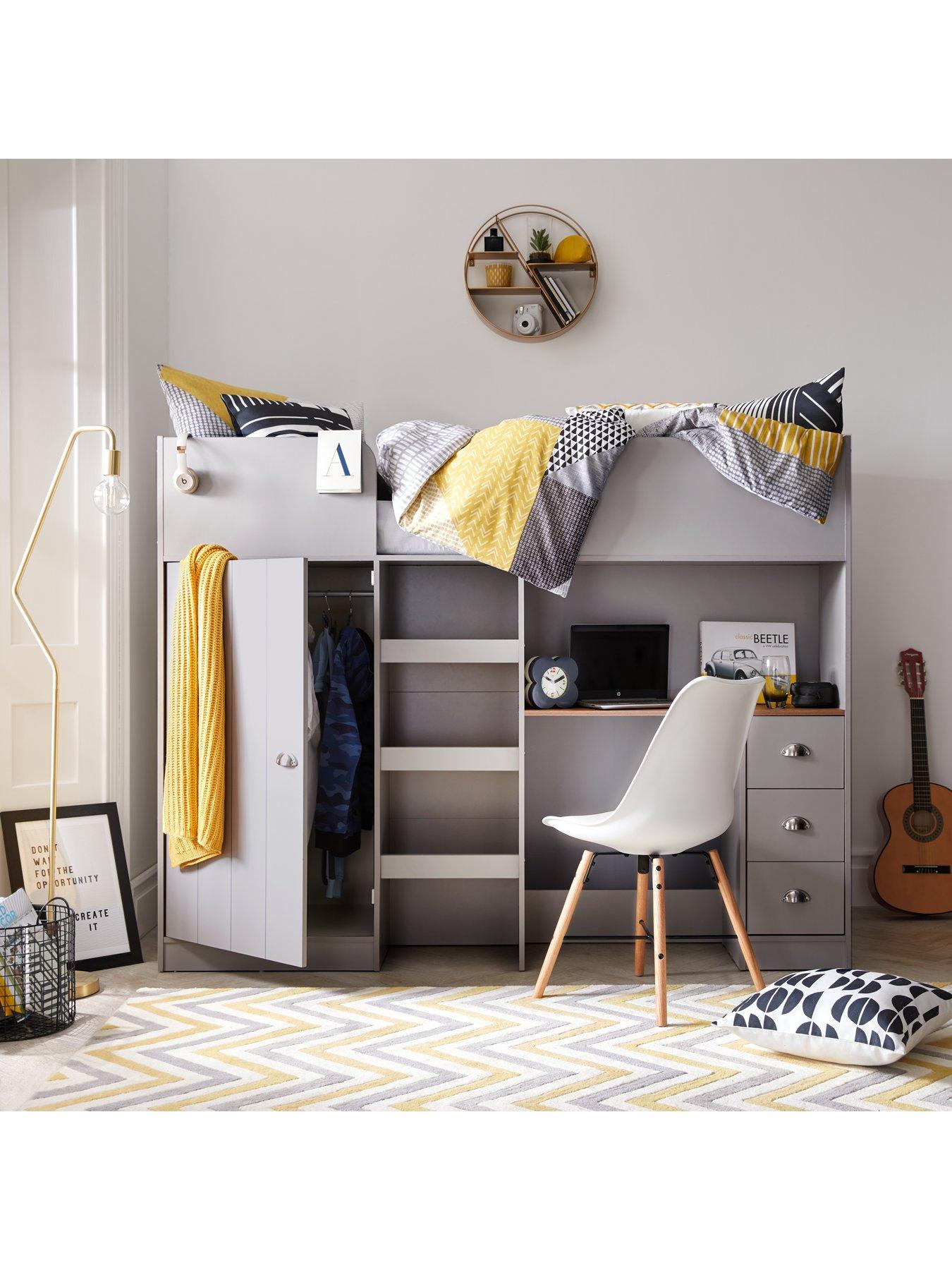 Image of Very Home Atlanta High Sleeper with Desk, Drawers and Wardrobe with Mattress Options (Buy and SAVE!) - Grey
