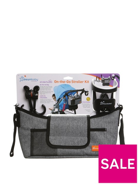 dreambaby-on-the-go-grey-denim-stroller-kit-bag-cup-and-hooks