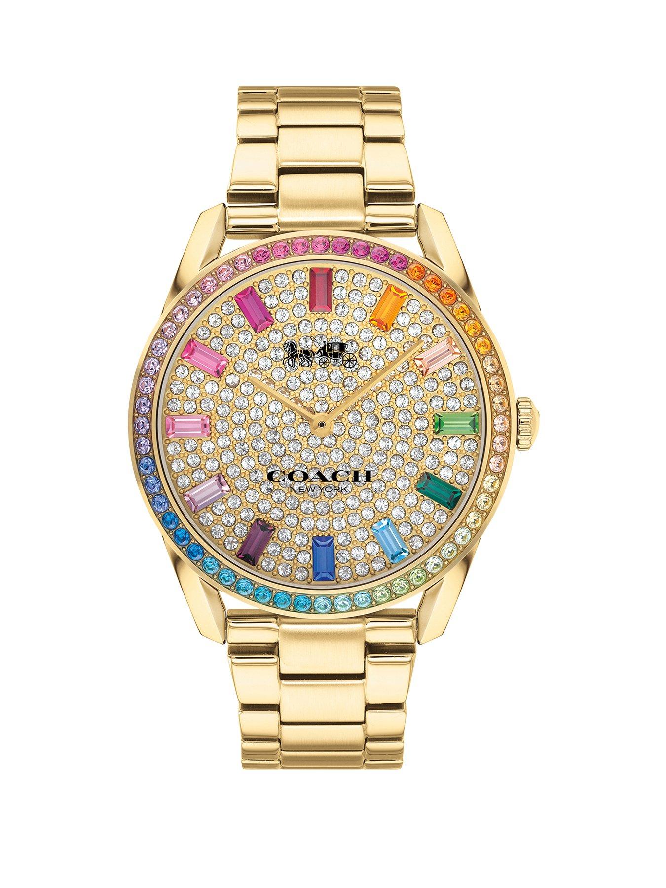 COACH Preston stainless steel with rainbow crystal bezel and pave dial watch