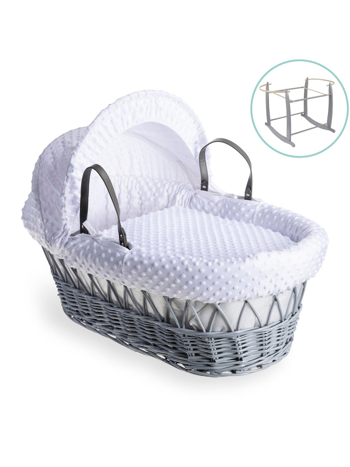 Clair De Lune Dimple Grey Wicker Moses Basket Deluxe Rocking Stand White Very Ireland